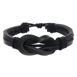 Minimalist men's black leather bracelet with braided cord wrap and central knot detail