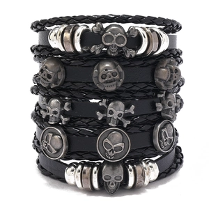 Men Punk Skull Rivet Bracelet Handmade Braided Cowhide Leather Bracelet Multi Layered Bangle Jewelry Gift