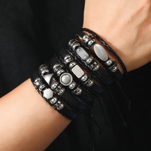 Retro multi-layer leather men's bracelet with geometric alloy charms and adjustable cord