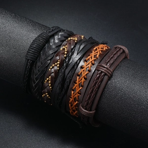 Men's vintage multilayer braided leather bracelet set with metallic beads in dark tones