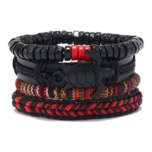 Homme Bohémien Fait à la Main Tissé Multicouche Bracelet en Cuir Tortue Alliage Perles en Bois Corde Cirée Rétro Hip Hop Bijoux