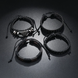 Men's multilayer braided leather bracelet set with punk style sunflower metal charm