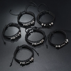 Set of six vintage multilayer black braided leather bracelets with geometric alloy accents