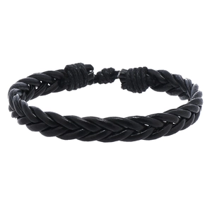 Detailed view of black woven leather bracelet with handmade braided texture and knot tie