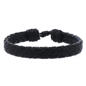 Detail showing the intricate braided texture of a black leather bracelet with a knotted closure