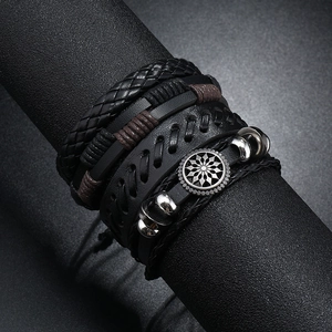 Men's retro multilayer braided leather bracelet set with vintage silver metal charms