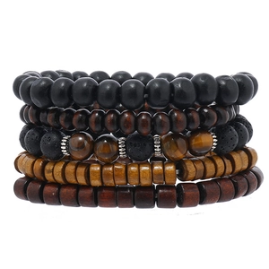 Five-piece natural tiger eye and wooden bead multi-layer bracelet set for men