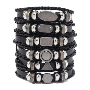 Set of six vintage multi-layer black leather bracelets with geometric alloy charms