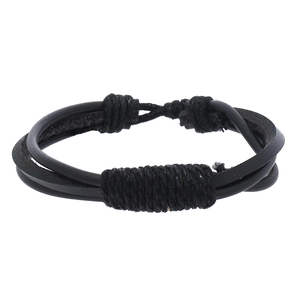 Close-up of black braided leather bracelet with multilayered cord design and adjustable knot