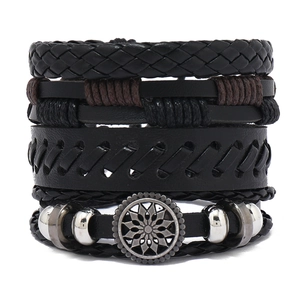 Men's Multi-layer Braided Leather Bracelet Set Vintage Punk Rock Adjustable Cord Wristband With Alloy Charm Jewelry