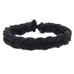 Detail of multi-strand braided black rope bracelet showing intricate woven texture and knot