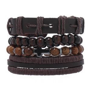 Men's multilayer leather bracelet set with wooden beads and a black cross pendant