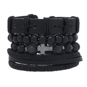 Men's multi-layer black leather bracelet set featuring cross charm and stone beads