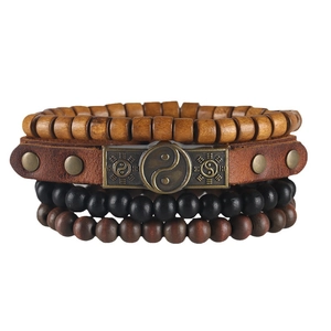 Men's retro 4-piece multilayer leather bracelet set with cross and yin-yang charm
