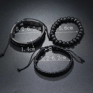 Tableau de tailles détaillé pour ensemble de bracelets en cuir noir et perles en bois