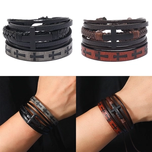 Men Multilayer Woven Leather Cross Bracelet Set Vintage Hip Hop Punk Adjustable Cowhide Wax Rope Bracelet For Men Jewelry