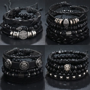 Men Vintage Punk Multilayer Leather Bracelet Frosted Stone Beaded Bracelet With Skull Star Lion Charm Retro Hip Hop Jewelry