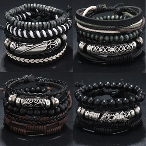 Vintage Men Multi-layer Braided Leather Bracelet Set With Wood Beads Alloy Feather Rudder Charms Retro Punk Hip Hop Jewelry