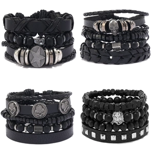 Men's multi-layer black beaded and woven leather bracelet set with punk alloy charms