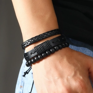 Ensemble de 3 bracelets vintage noirs en cuir tressé à la main avec perles mates