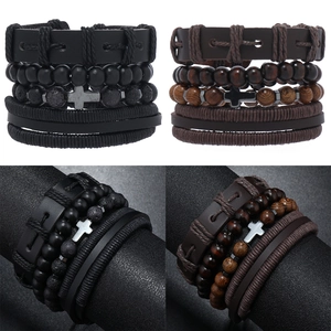 Vintage Men's Multi-layer Braided Leather Bracelet Set With Cross Charm Volcanic Stone Wood Beads Punk Handcrafted Jewelry