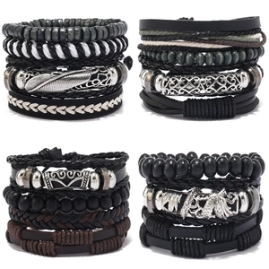 Men's retro multilayer leather bracelet set with wooden beads and silver feather charms
