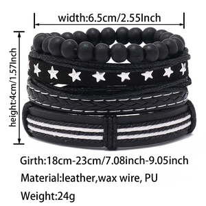 Detailed size specifications for handmade braided leather multi-layer star bracelet set