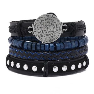 Ensemble de Bracelets Multicouches en Cuir Vintage pour Hommes Perles en Bois Alliage Croix Charme Religieux Fait à la Main