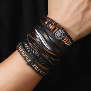 Men's vintage multi-layer braided leather bracelet set with metallic sun pendant