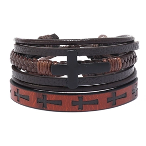 Men's multilayer leather bracelet set with black cross charms and braided ropes