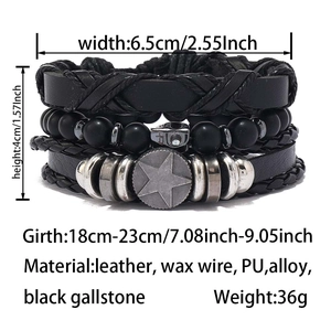 Detail view of multi-layer men's bracelet set with size specs and matte stone beads