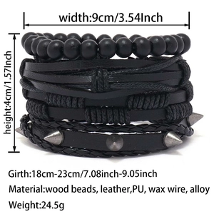 Detailed specs of men's black leather and wood bead stackable bracelet set with metal studs