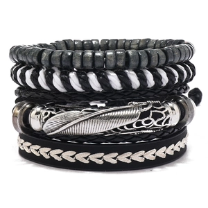 Men's retro multi-layer bracelet set with wooden beads and silver feather charm