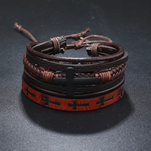 Men's double-layered braided leather bracelet set with vintage cross charms and adjustable cord