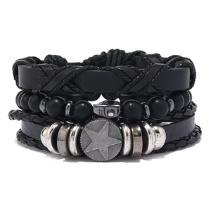 Men's multi-layer black leather bracelet set with matte beads and star pendant charms