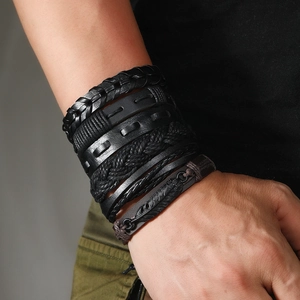 Men's 6pcs set multilayer punk leather bracelet with black metal feather charm and weave