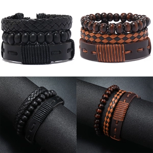 Ensemble de Bracelets en Cuir Tressé à la Main Vintage pour Hommes Bracelet Multi Couches en Cuir Avec Perles en Bois
