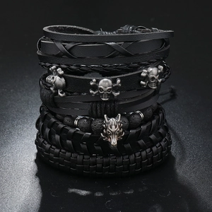 Vintage Men Punk Wolf Head Skull Multi-layer Braided PU Leather Bracelet Gothic Rock Lava Stone Beads Adjustable Wristband Jewelry