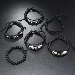 6-teiliges Herren-Punk-Armband-Set mit Totenkopf-Anhängern und Lederflechtriemen