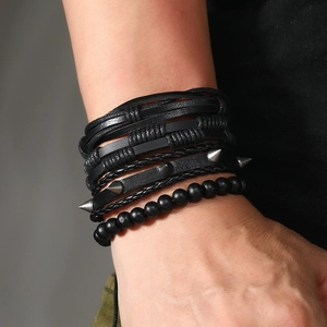 Men's multi-layer punk leather bracelet set with metallic studs and black wooden beads