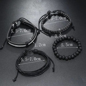 Detail view of four-piece black woven bracelet set with size specifications and dimensions
