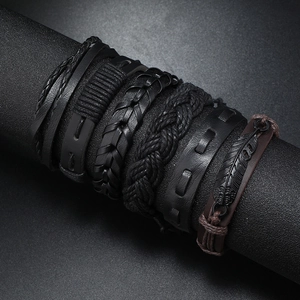 6-piece men's punk multilayer leather bracelet set with braided straps and feather charm