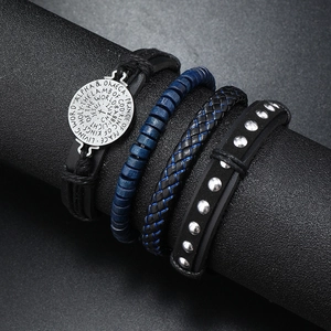 Lot de quatre bracelets pour hommes en cuir avec perles bleues et rivets argentés polis
