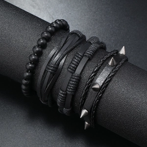 Men's retro punk leather bracelet set with wooden beads and silver metal rivets