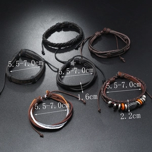 Detail view of 6-piece vintage woven leather bracelet set showing adjustable diameter 5.5-7.0cm