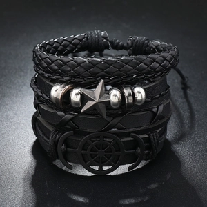 Ensemble de Bracelets Tressés Noirs Rétro pour Hommes avec Étoile et Ancre en Alliage Punk Bijoux Tissés à la Main
