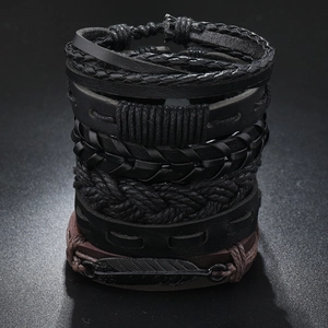 Men's Vintage Punk Multi-layer Braided PU Leather Bracelet With Metal Feather Charm Adjustable Wristband Jewelry Accessory