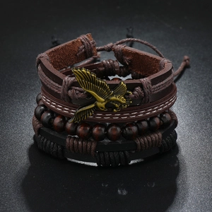 Vintage Hip Hop Men Eagle Pendant Braided PU Leather Wood Bead Multilayer Adjustable Wristband Jewelry Bracelet Accessory