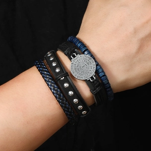 Bracelet vintage pour homme en cuir multicouche avec plaque métallique de versets