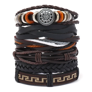 Retro multi-layer men's leather bracelet set with woven ropes and geometric metal sun charm
